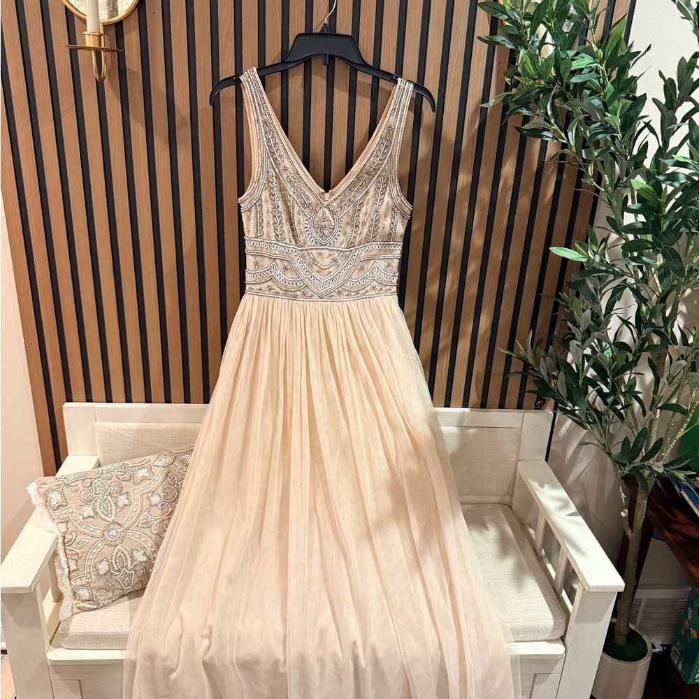 BHLDN Beige and Silver Embellished Evening Formal Beaded Gown